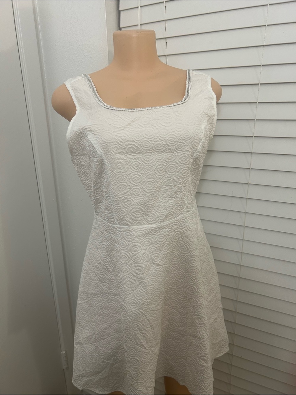 White Textured Scoop Neck A-Line Dress
